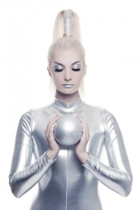 Beautiful cyber woman with silver ball