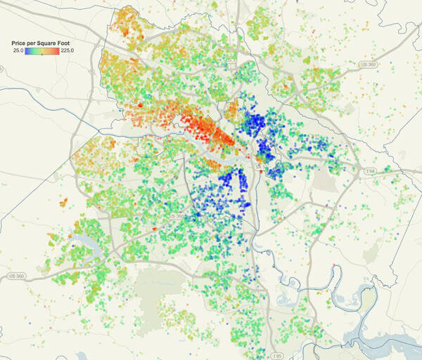 This is a screenshot from a heat map showing values across the Richmond region. The heat map combines the highest $/SF AND the highest aggregate prices to give a sense of the geographic value distribution